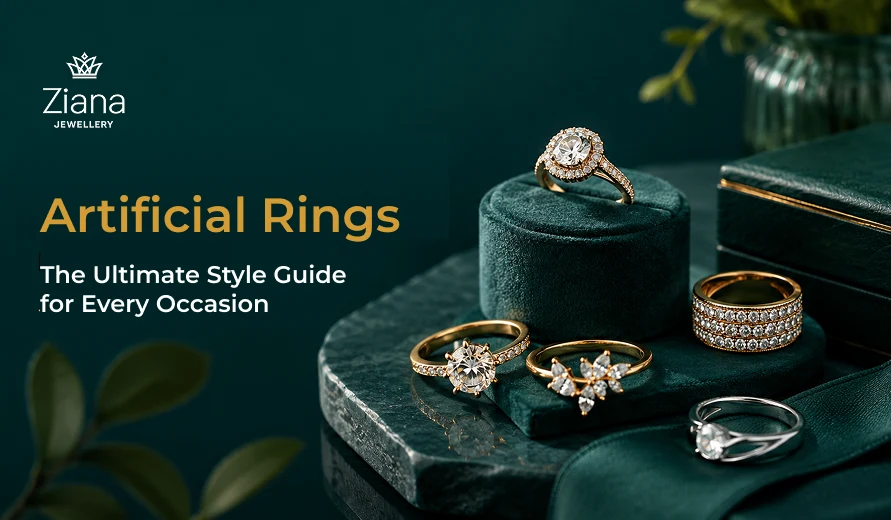 Luxury jewelry display featuring artificial rings on dark velvet boxes, with text: “Artificial Rings: The Ultimate Style Guide for Every Occasion.