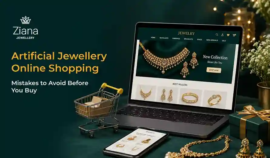 Ziana Jewellery ad featuring a laptop and phone displaying gold jewelry, beside a shopping cart and gifts; elegant online shopping theme.