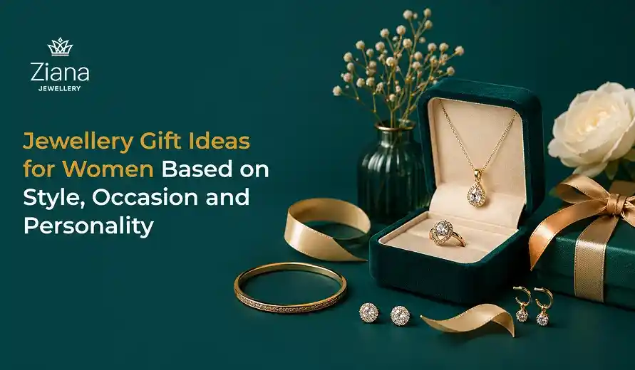 Elegant jewelry gift display featuring a necklace, rings, bracelet, earrings, velvet box, wrapped present, flowers, and gold ribbon.