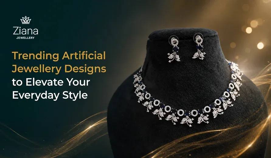 Black velvet bust showcases ornate silver necklace and matching earrings, promoting trendy artificial jewelry designs for elegant everyday style.