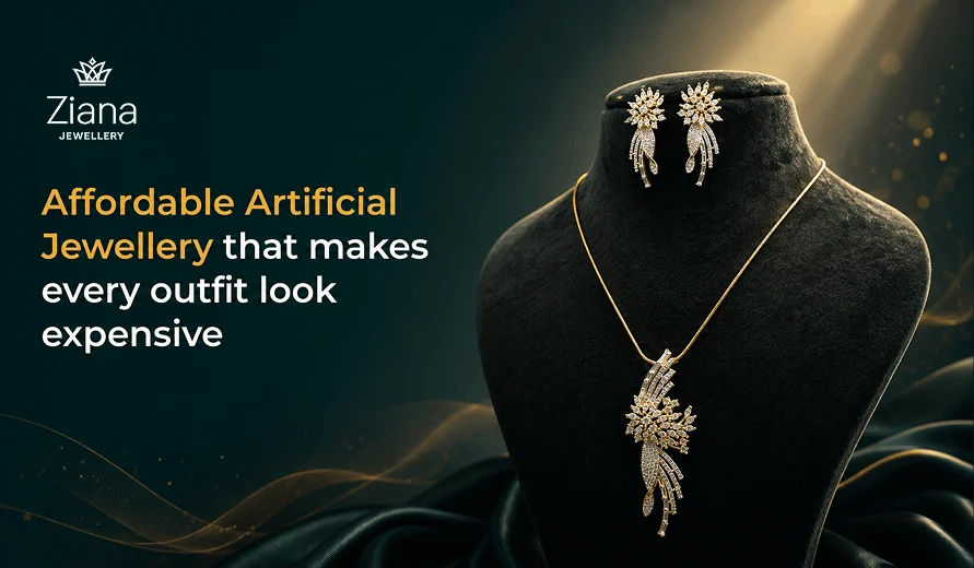 Ziana Jewellery ad featuring a black display bust with sparkling floral earrings and pendant necklace, promoting affordable luxury.