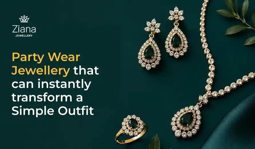 Elegant gold and emerald party wear jewellery set with necklace, earrings, and ring, perfect for transforming a simple outfit.