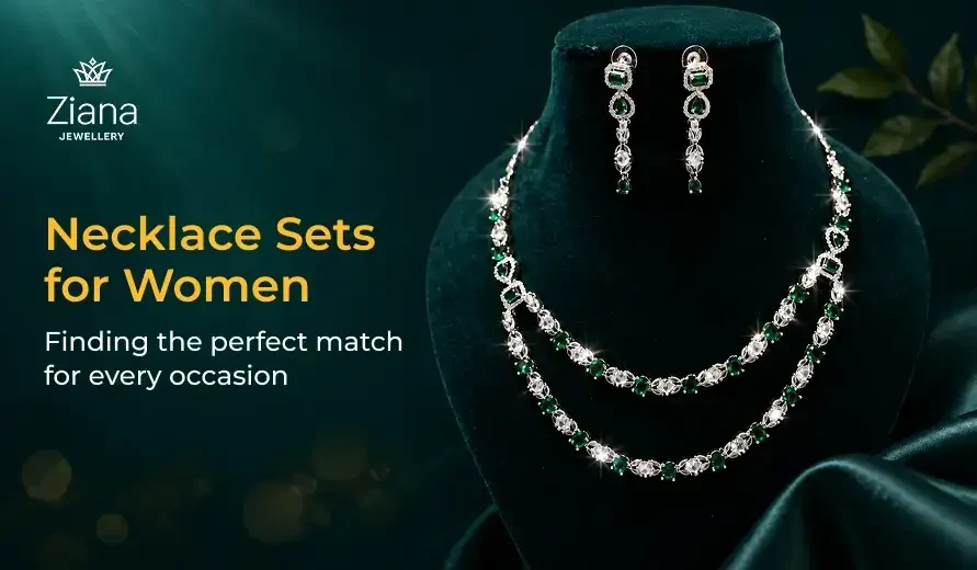 A jewelry display features two matching necklaces and a pair of earrings with green and white stones, promoting Ziana Jewellery’s necklace sets for women.