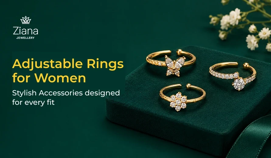 Ziana Jewellery ad featuring three gold adjustable rings with butterfly and floral details on a dark green velvet box; elegant, stylish tone.