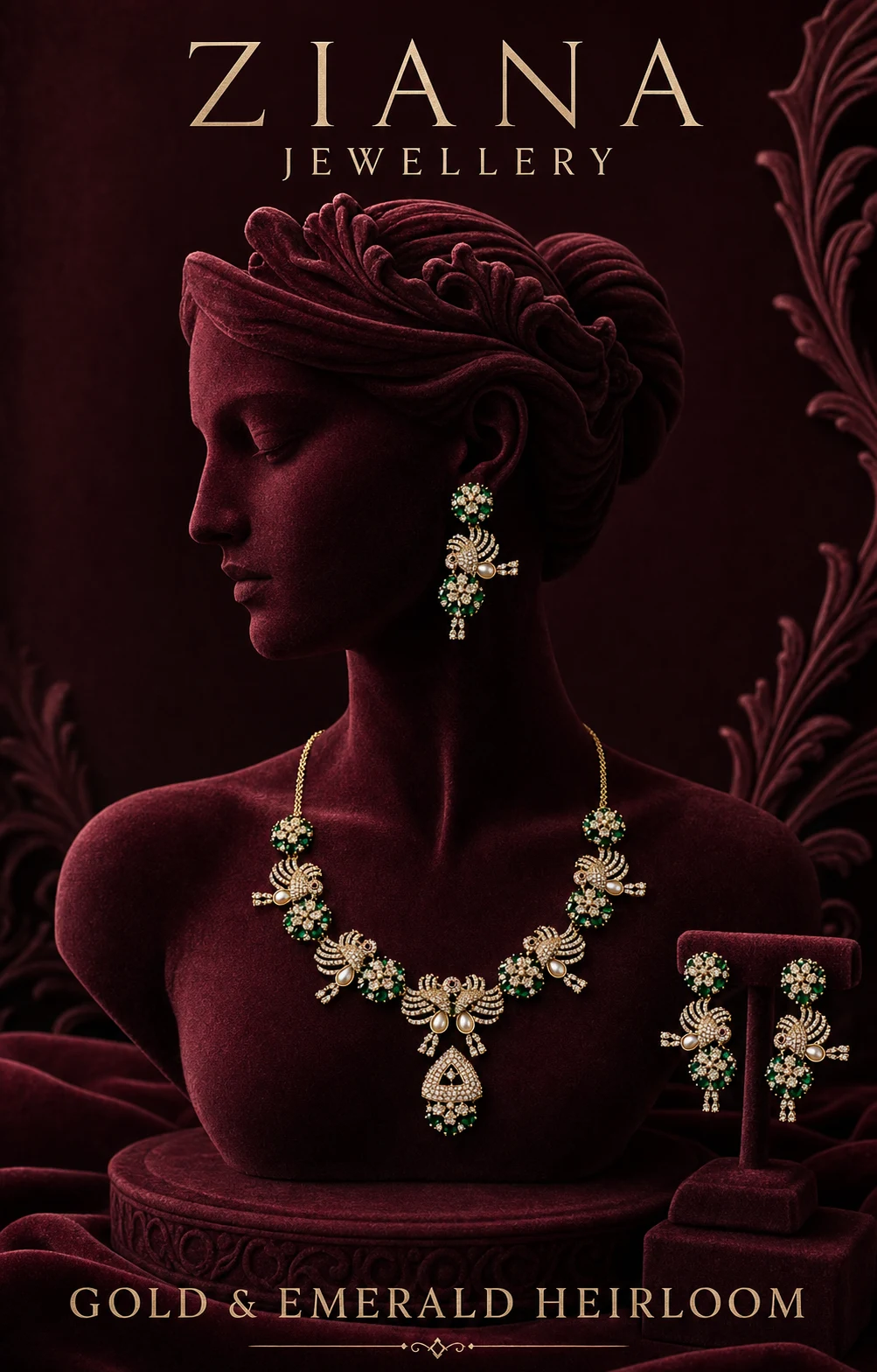 American Diamond gold & emerald necklace set editorial
