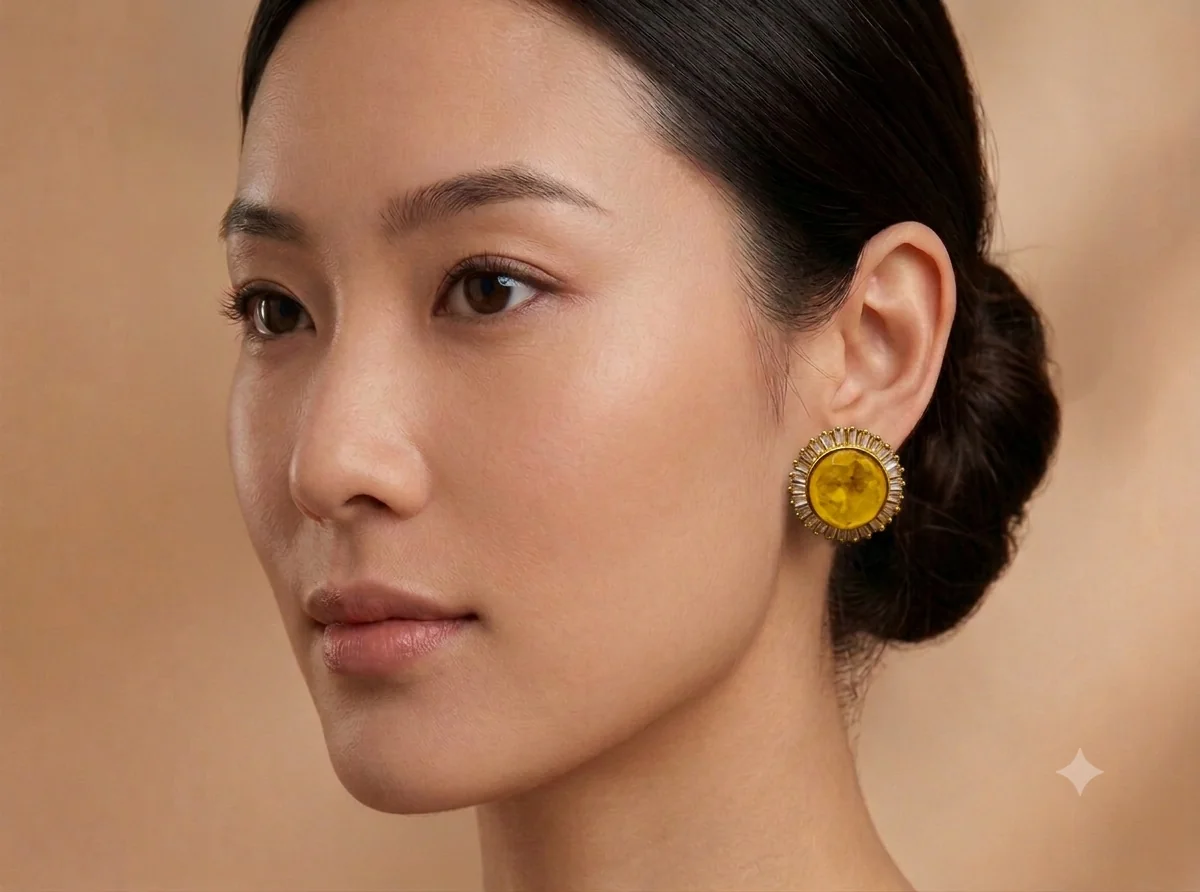 Golden citrine crystal stud earring styled on a model