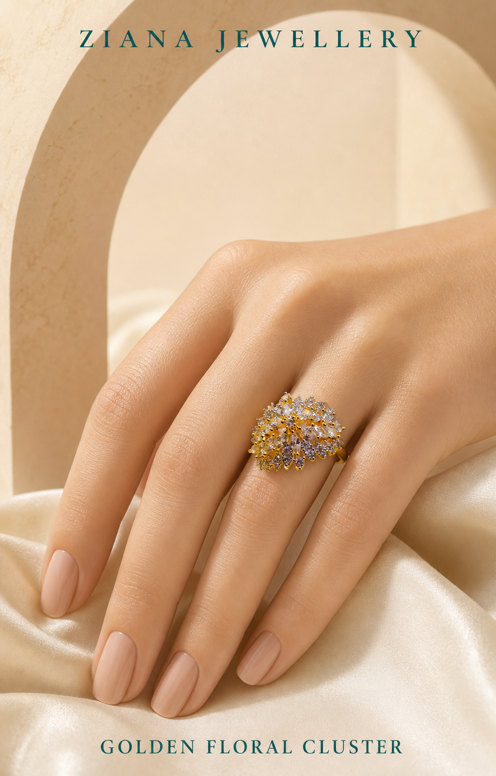 Golden Sparkle Floral Cluster Ring editorial