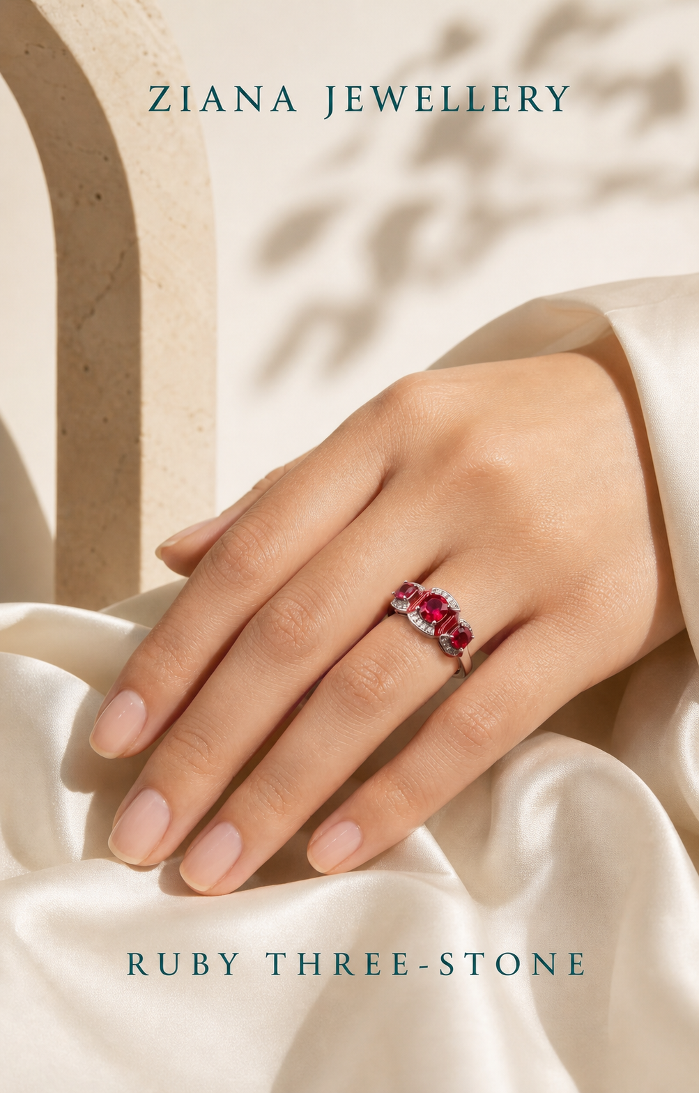 Ruby Red Three Stone Crystal Ring editorial