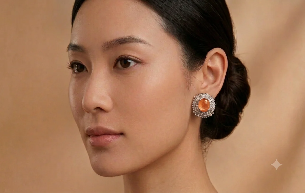 Amber oval crystal halo stud earring worn by a model