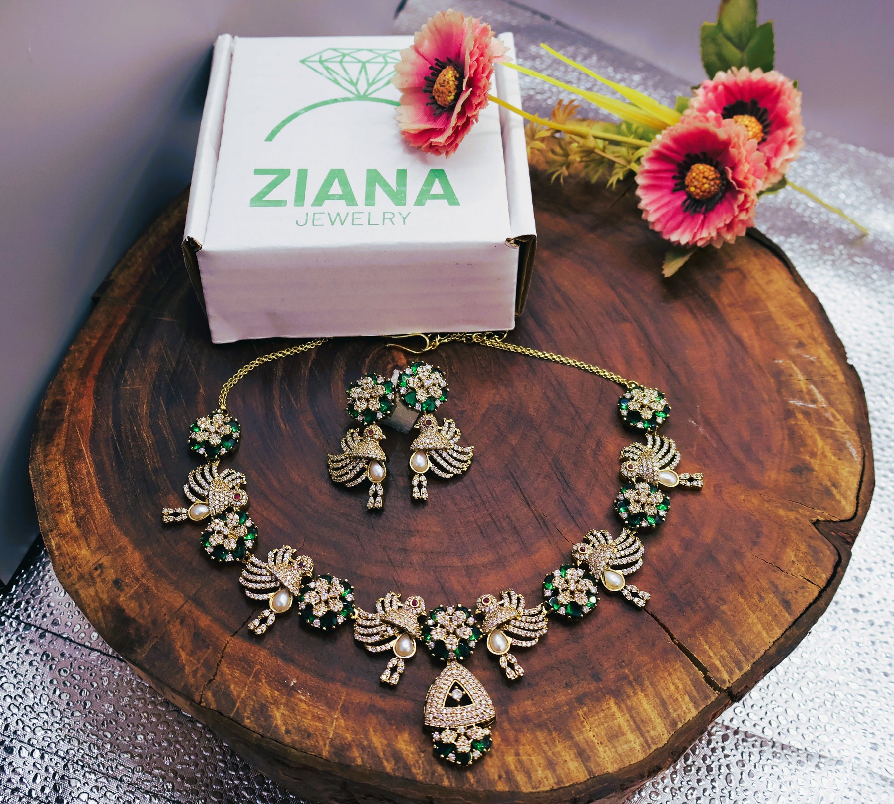 American Diamond gold & emerald necklace set