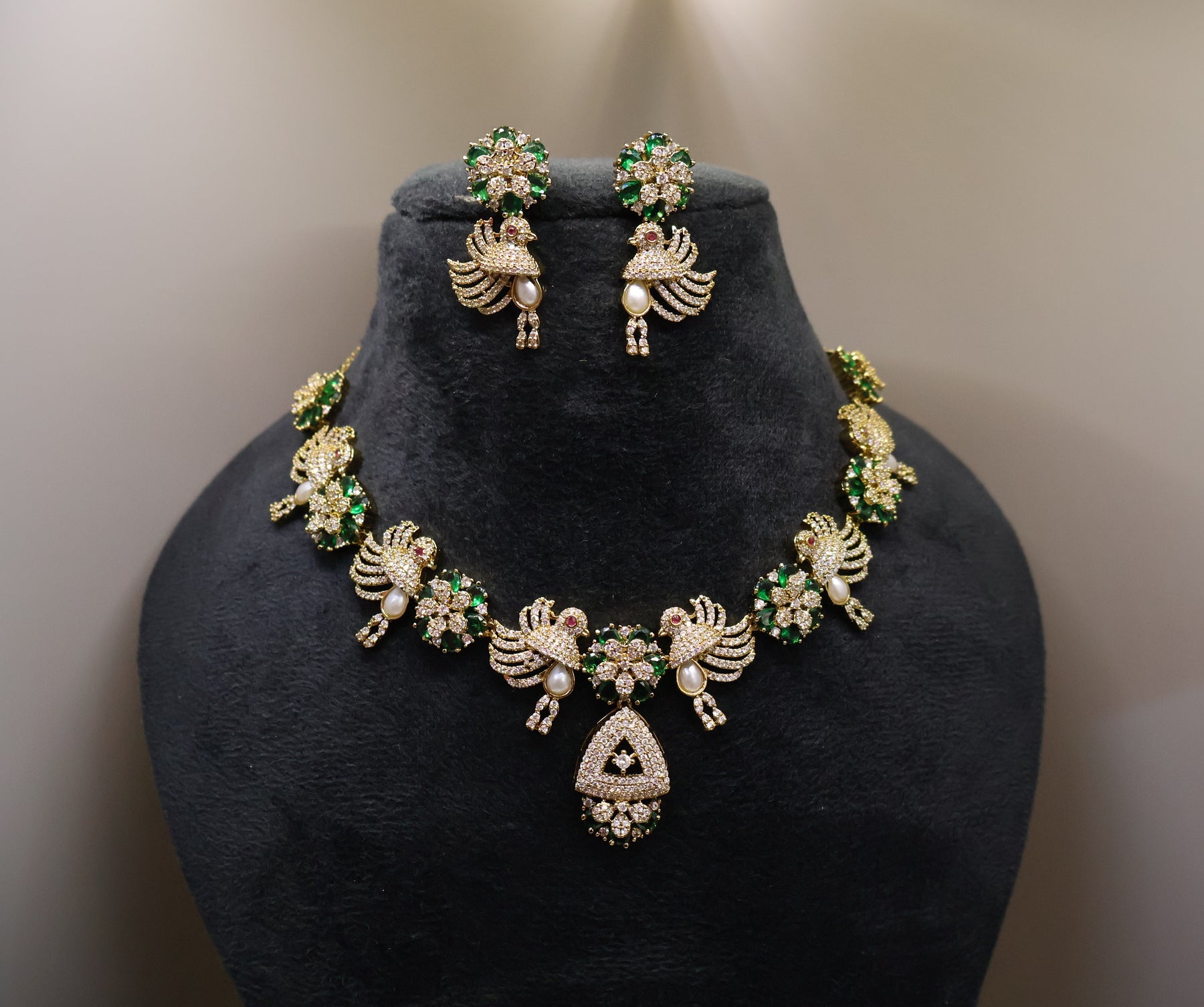 American Diamond gold & emerald necklace set