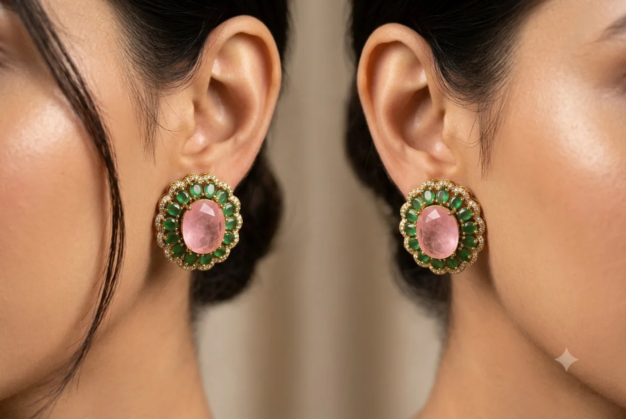 Pair of blush pink and emerald green floral halo stud earrings