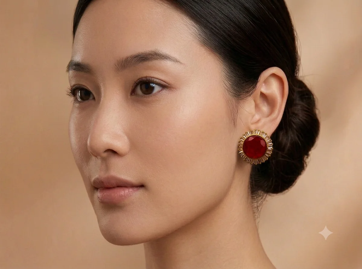Classic round ruby red baguette halo stud earring