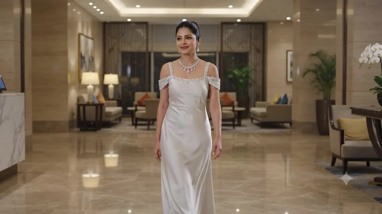 Clear crystal necklace set styled on a model for an evening look