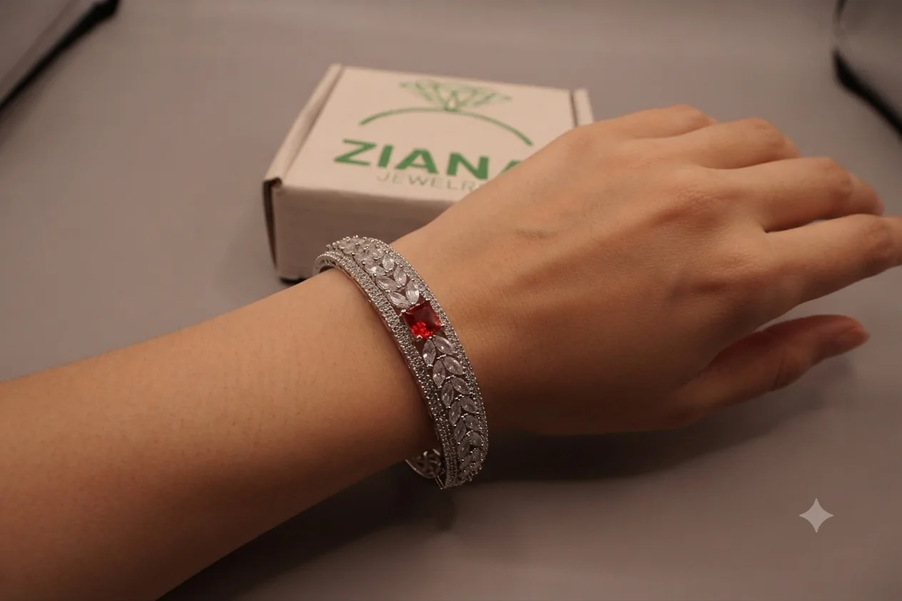 Crown Jewel Ruby Square Crystal Bangle – styled product view