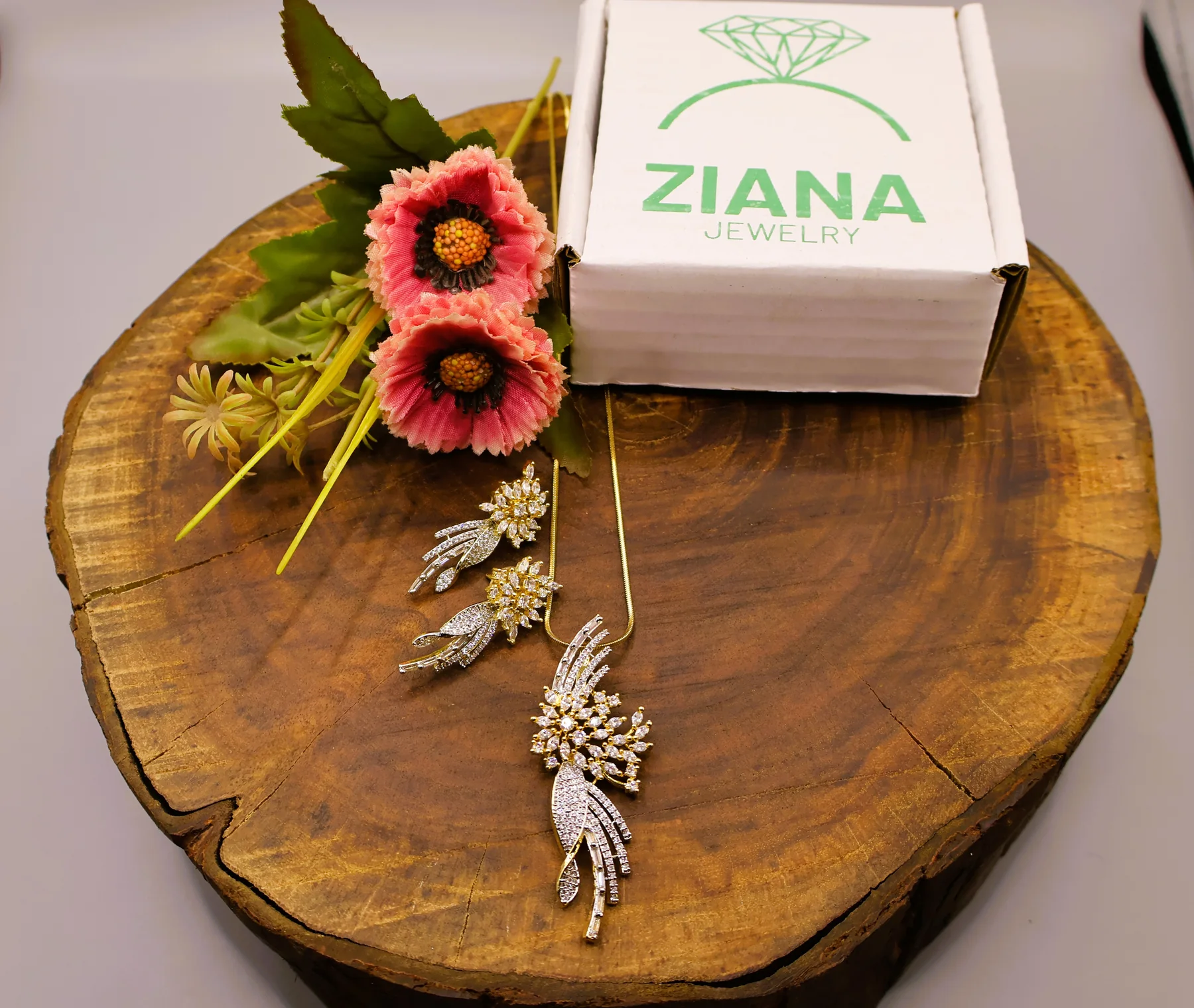 Crystal Fern Leaf Drop Pendant & Earrings Set