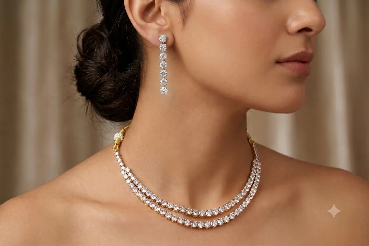 Double-Row American Diamond Tennis Necklace Set