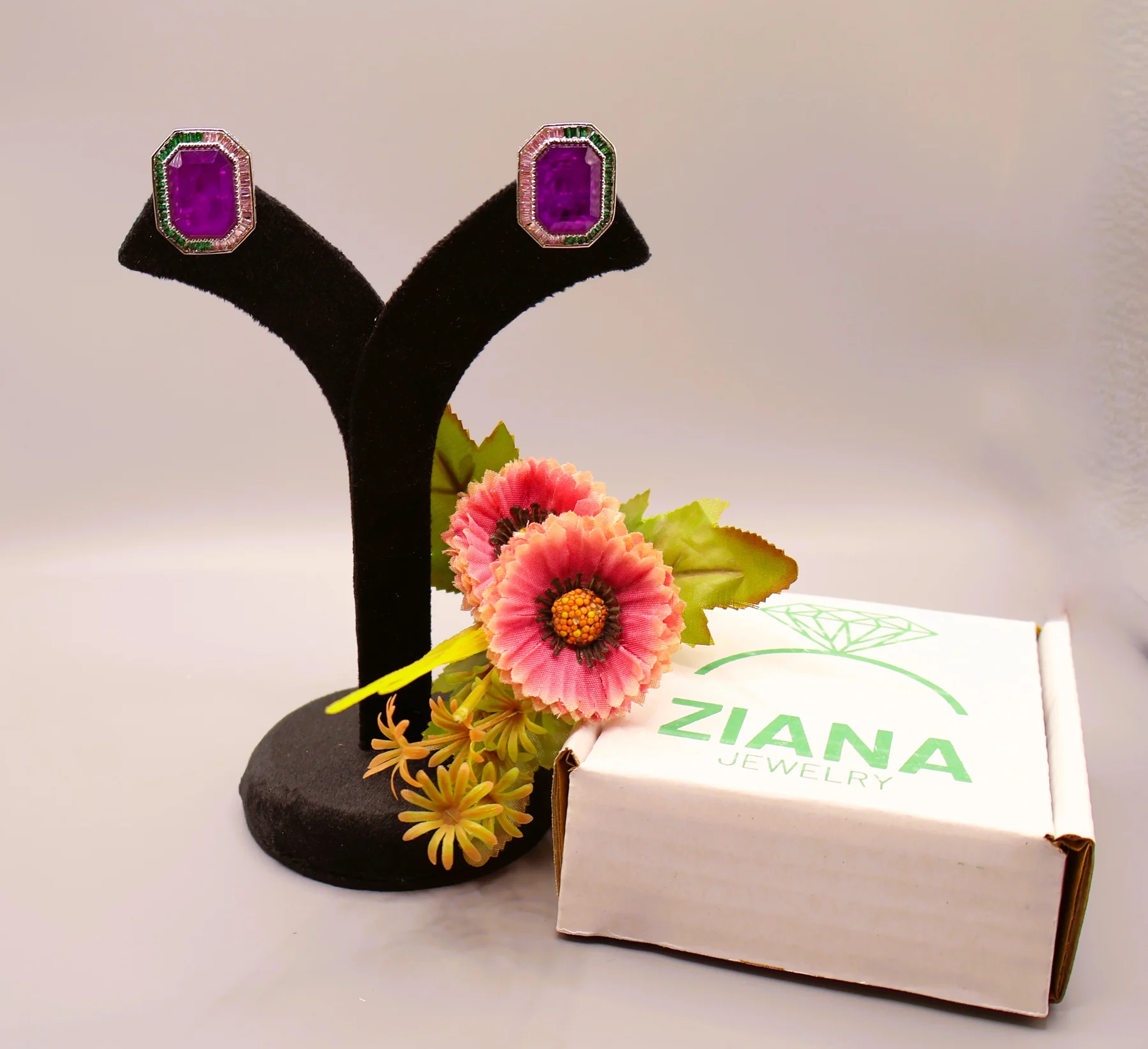 Amethyst Emerald Octagon Statement Stud Earrings