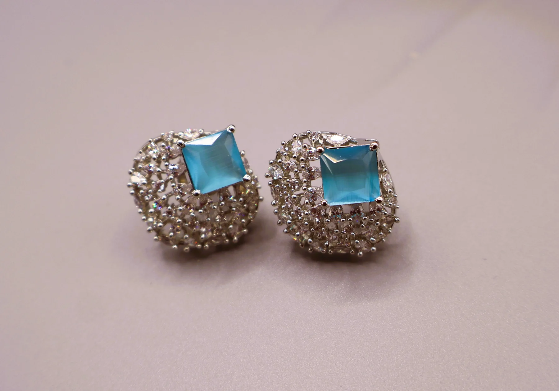Aqua Cushion Pavé Stud Earrings