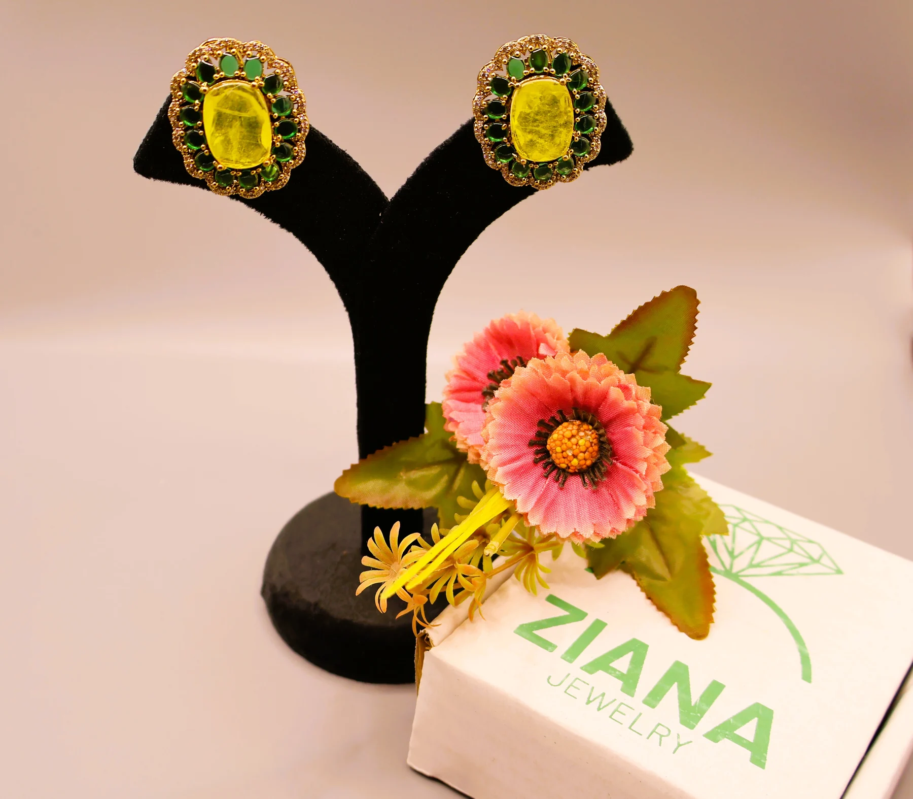Citrine Emerald Heritage Square Stud Earrings