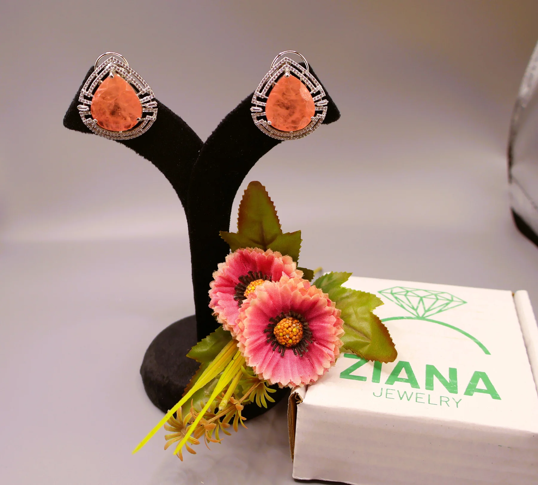 Coral Teardrop Double-Halo Stud Earrings – alternate product view 4