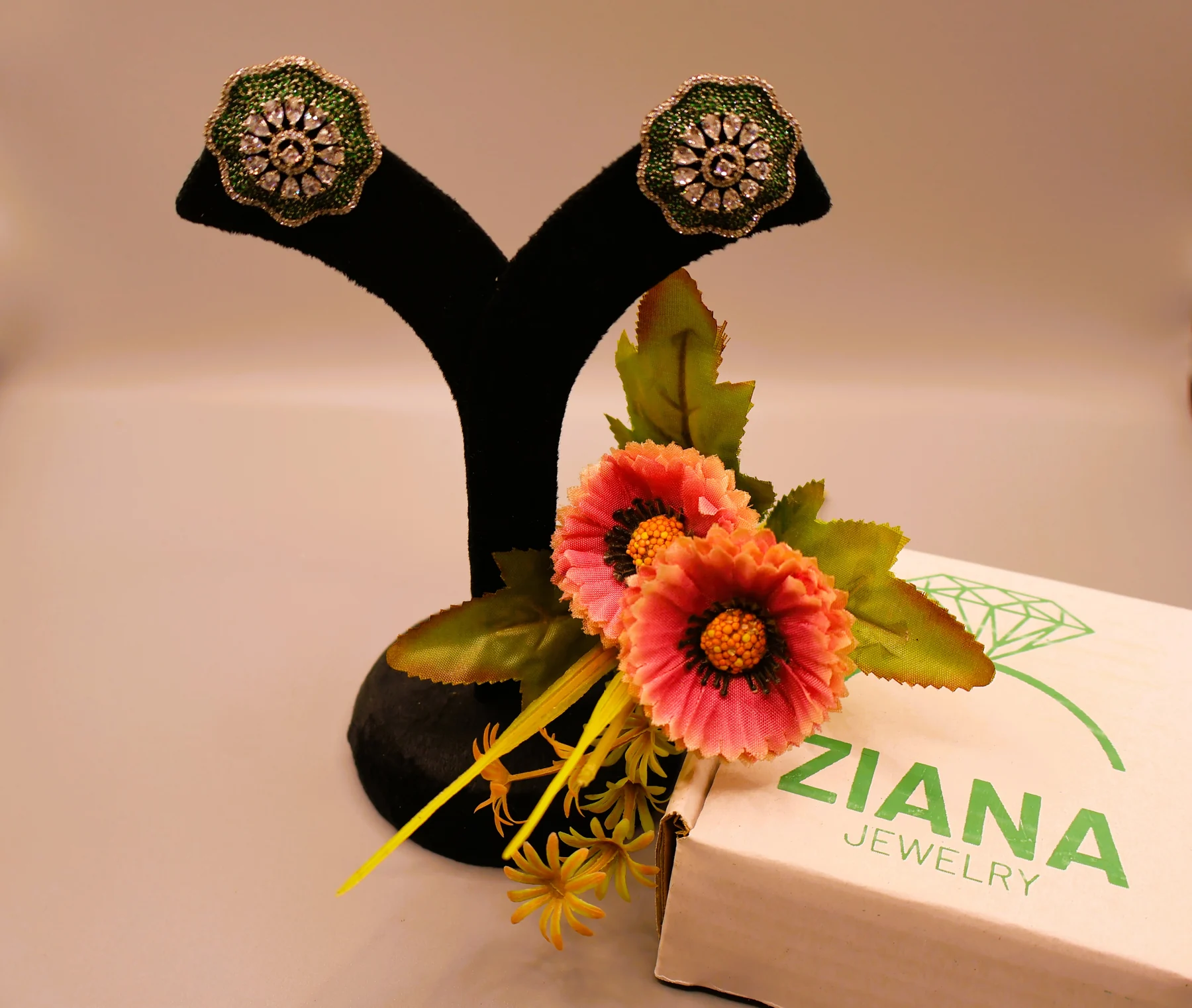 Emerald Floral Rosette Stud Earrings – alternate product view 2