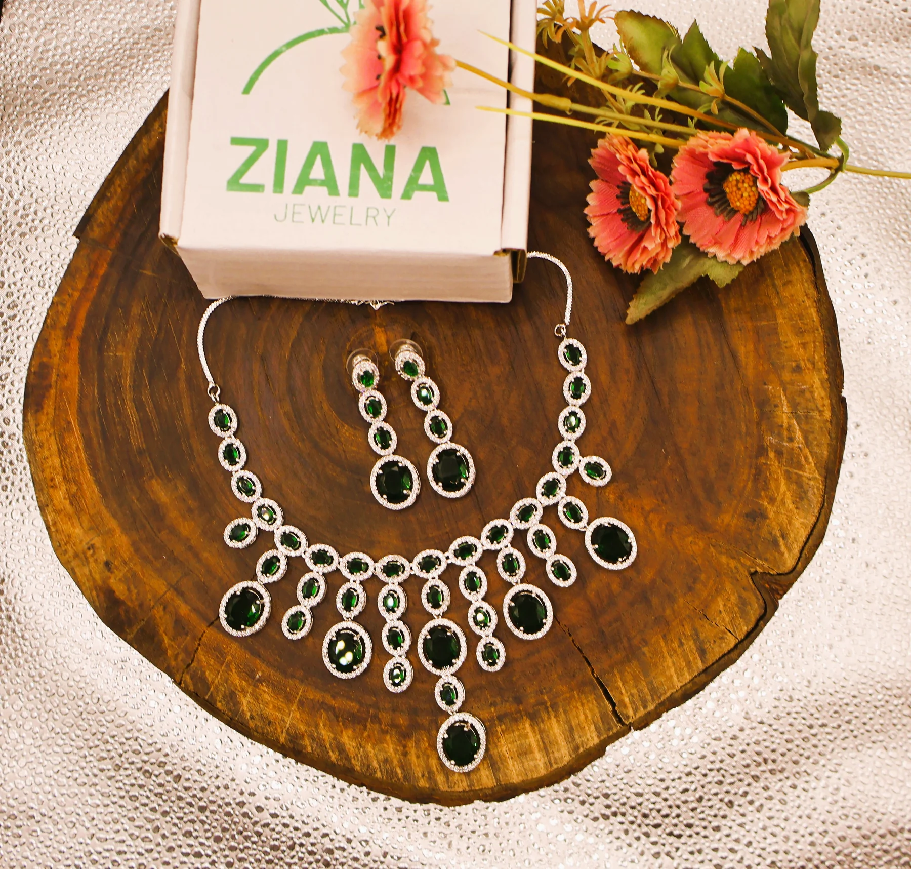 Emerald Oval Cascade Crystal Necklace Set