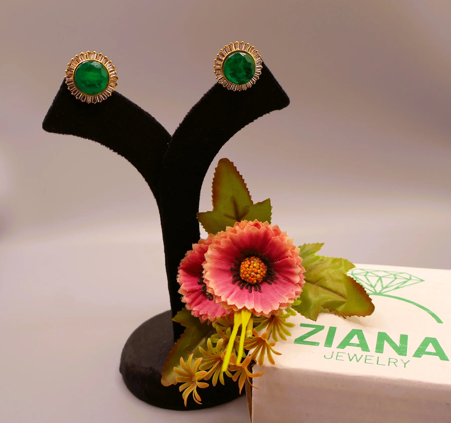Emerald Sunburst Halo Stud Earrings