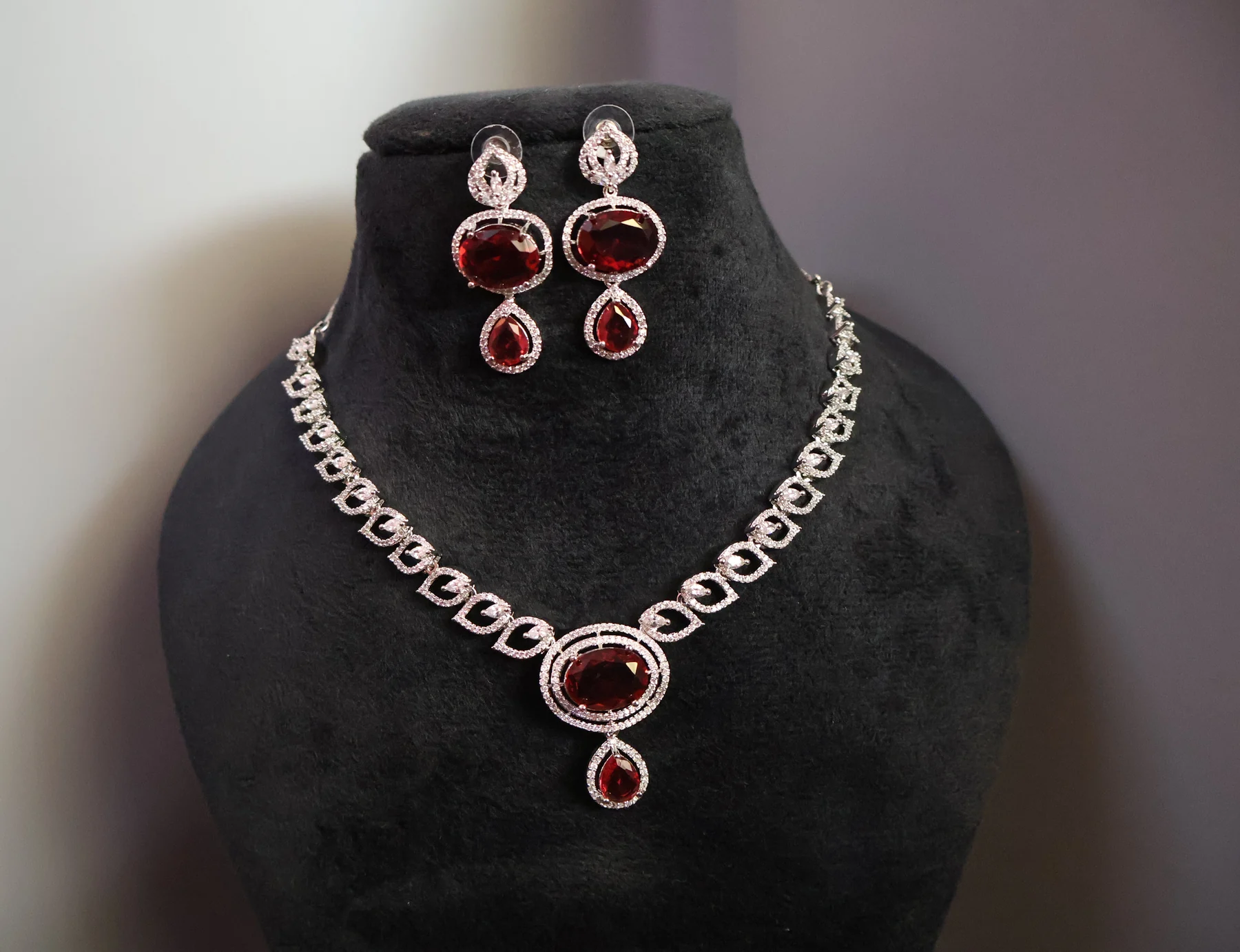 Garnet Oval Drop Crystal Necklace Set