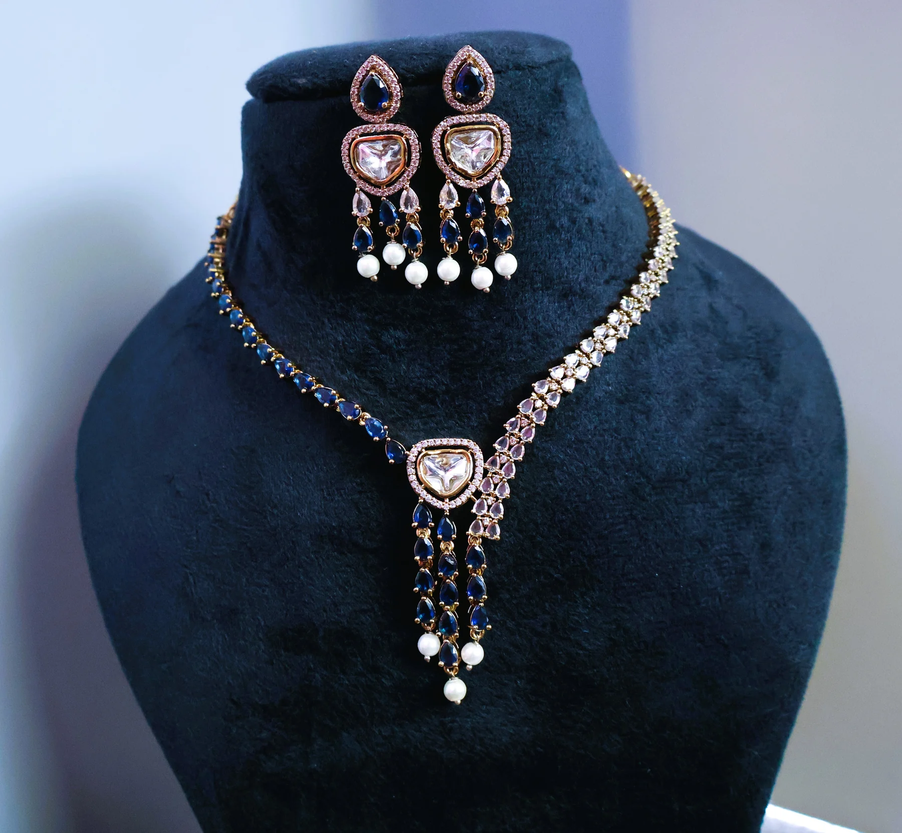 Midnight Sapphire Lariat Crystal Necklace Set