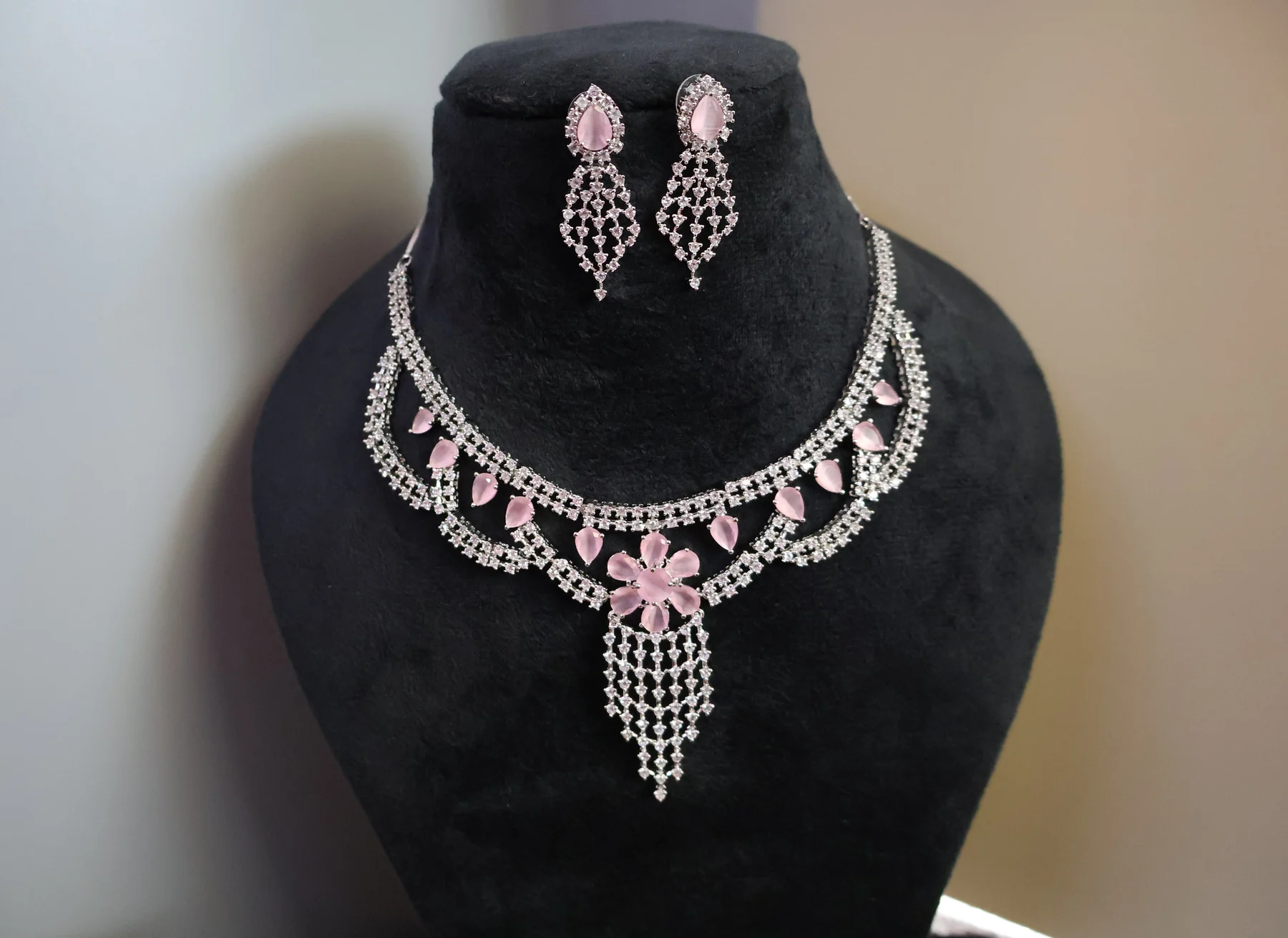 Pink Floral Cascade Crystal Necklace Set – alternate product view 2