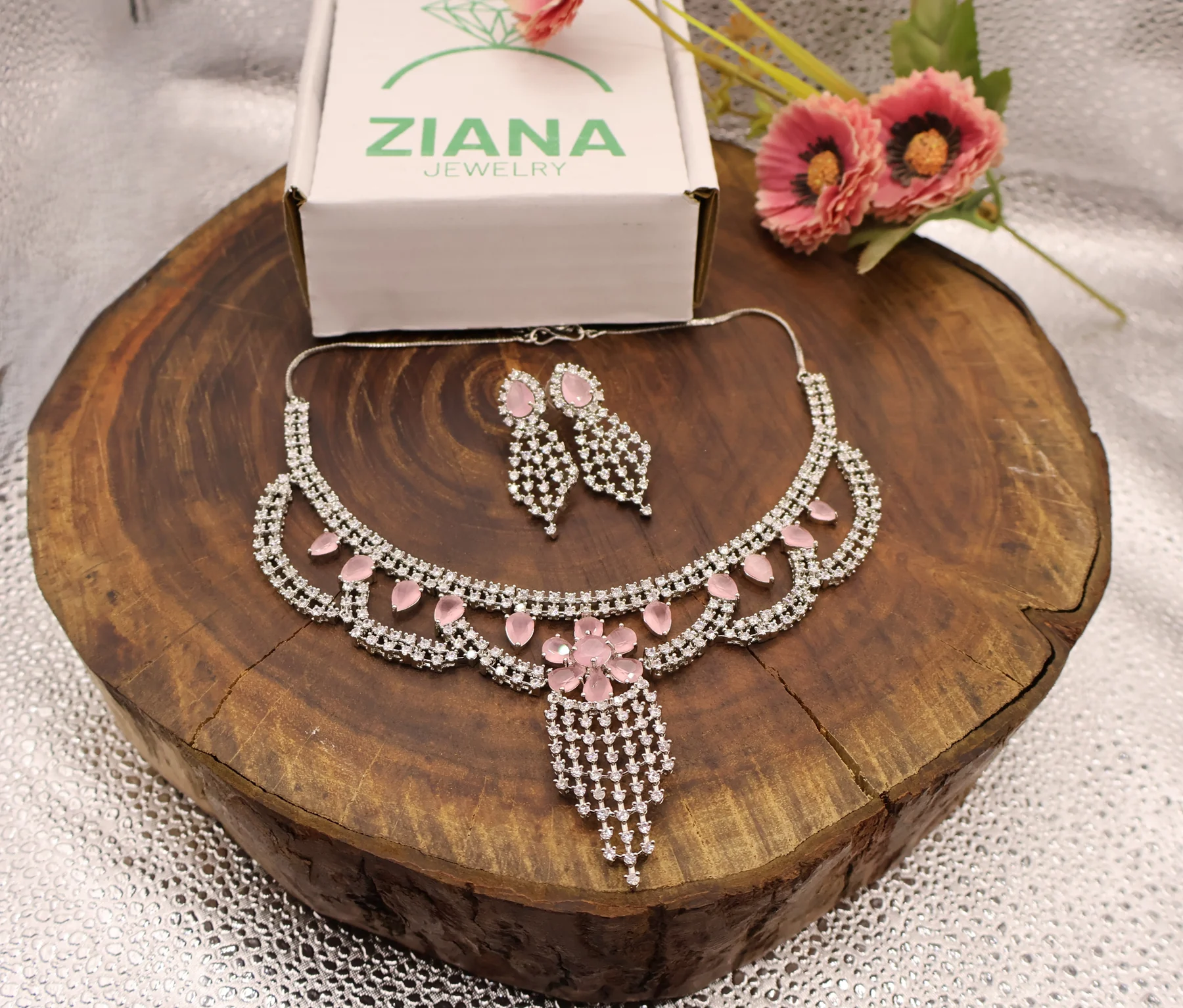 Pink Floral Cascade Crystal Necklace Set – alternate product view 3