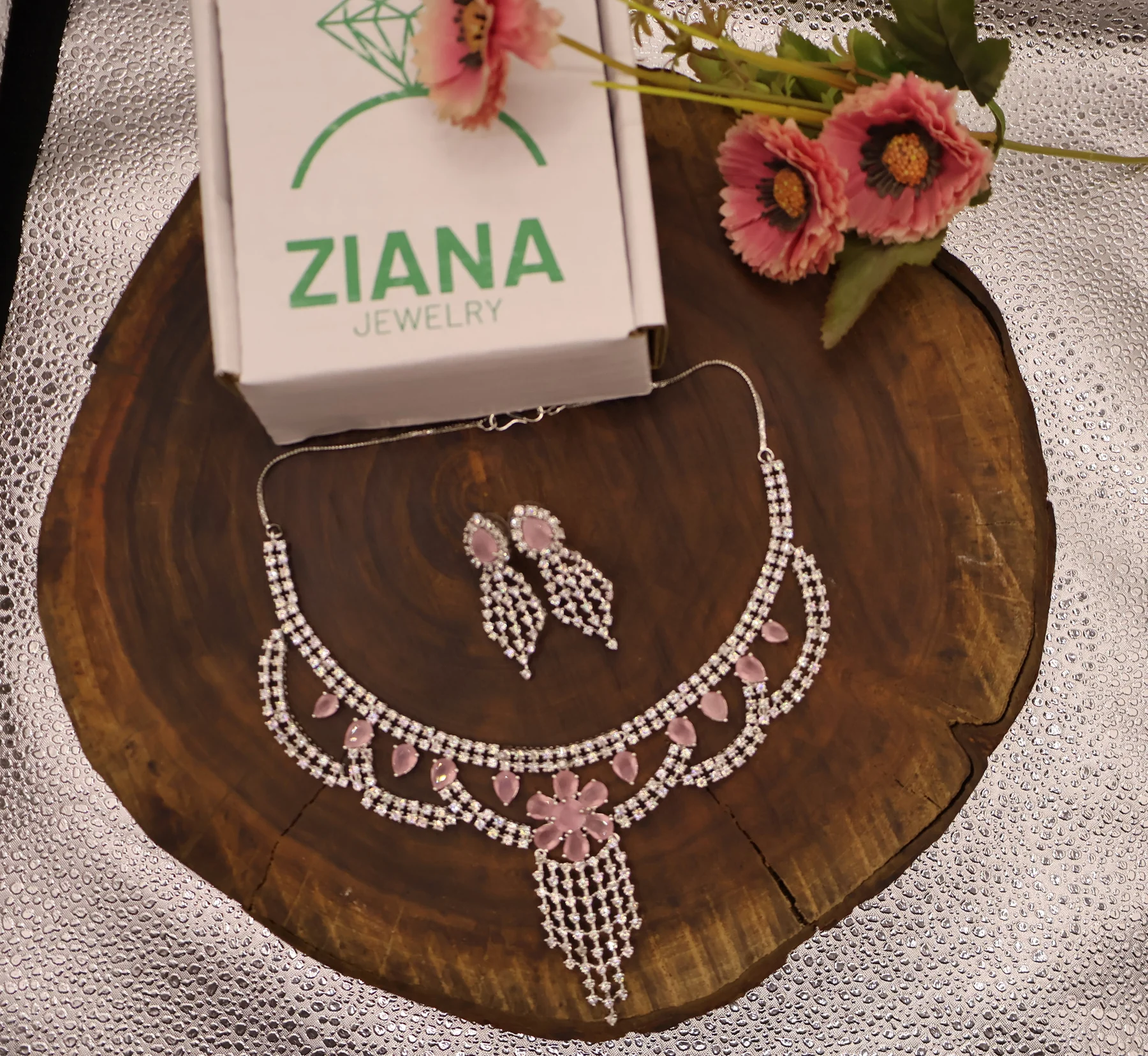 Pink Floral Cascade Crystal Necklace Set – alternate product view 4