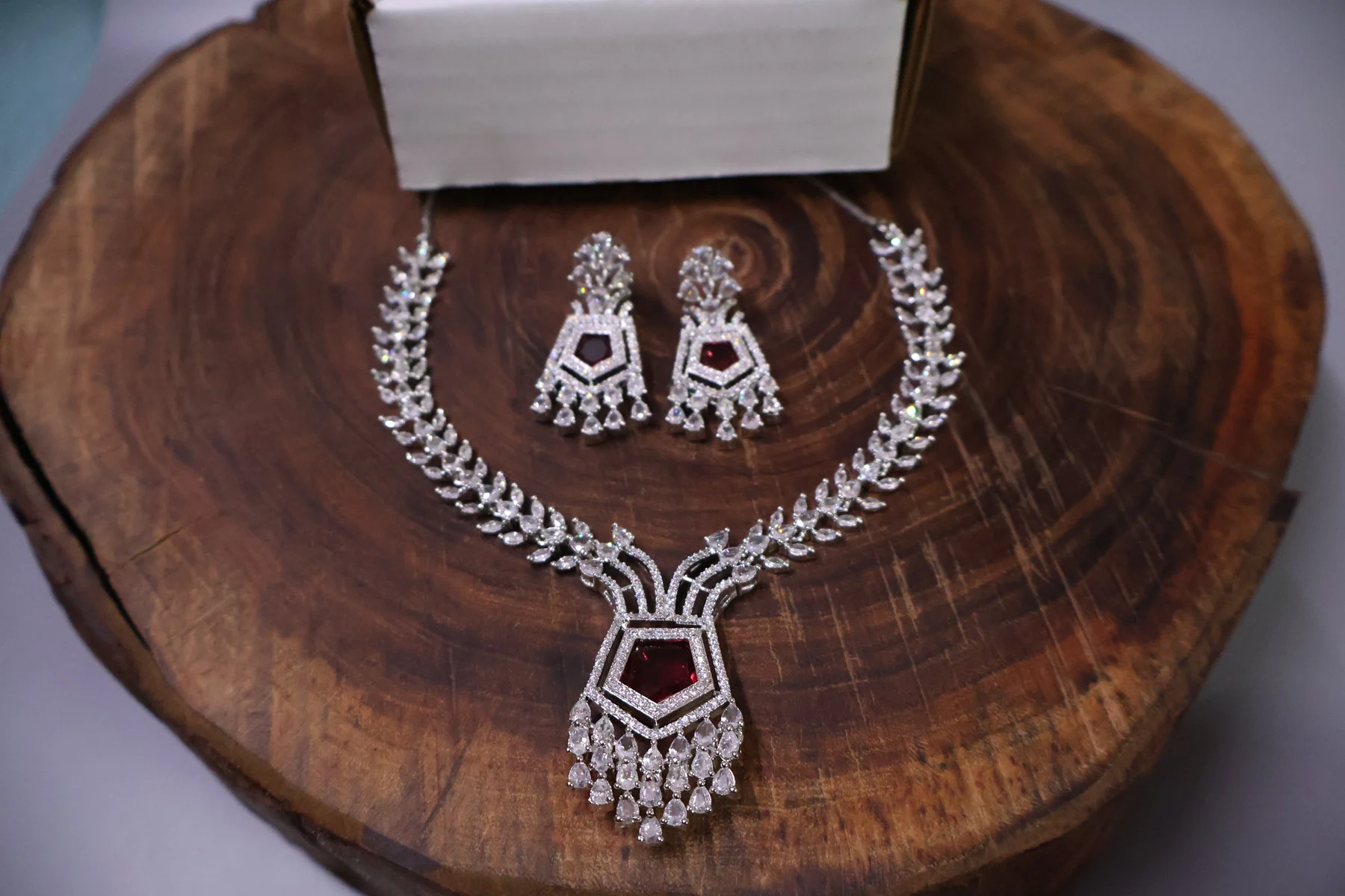 Ruby Geometric Drop Crystal Necklace Set