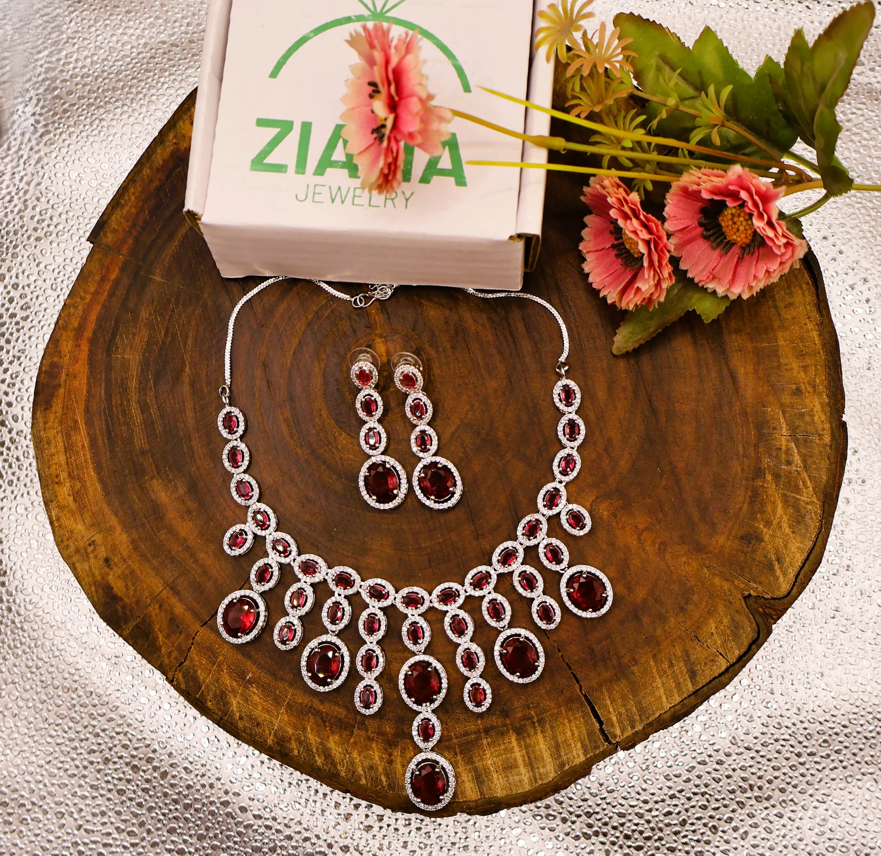 Ruby Oval Cascade Crystal Necklace Set – alternate product view 2