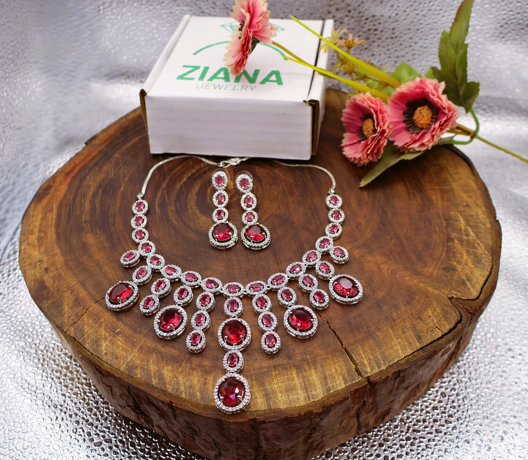 Ruby Oval Cascade Crystal Necklace Set – alternate product view 3