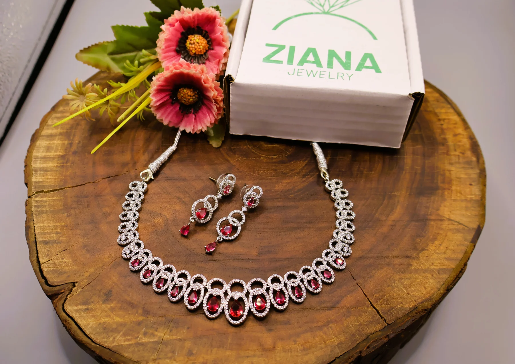 Ruby Oval Halo Crystal Necklace Set