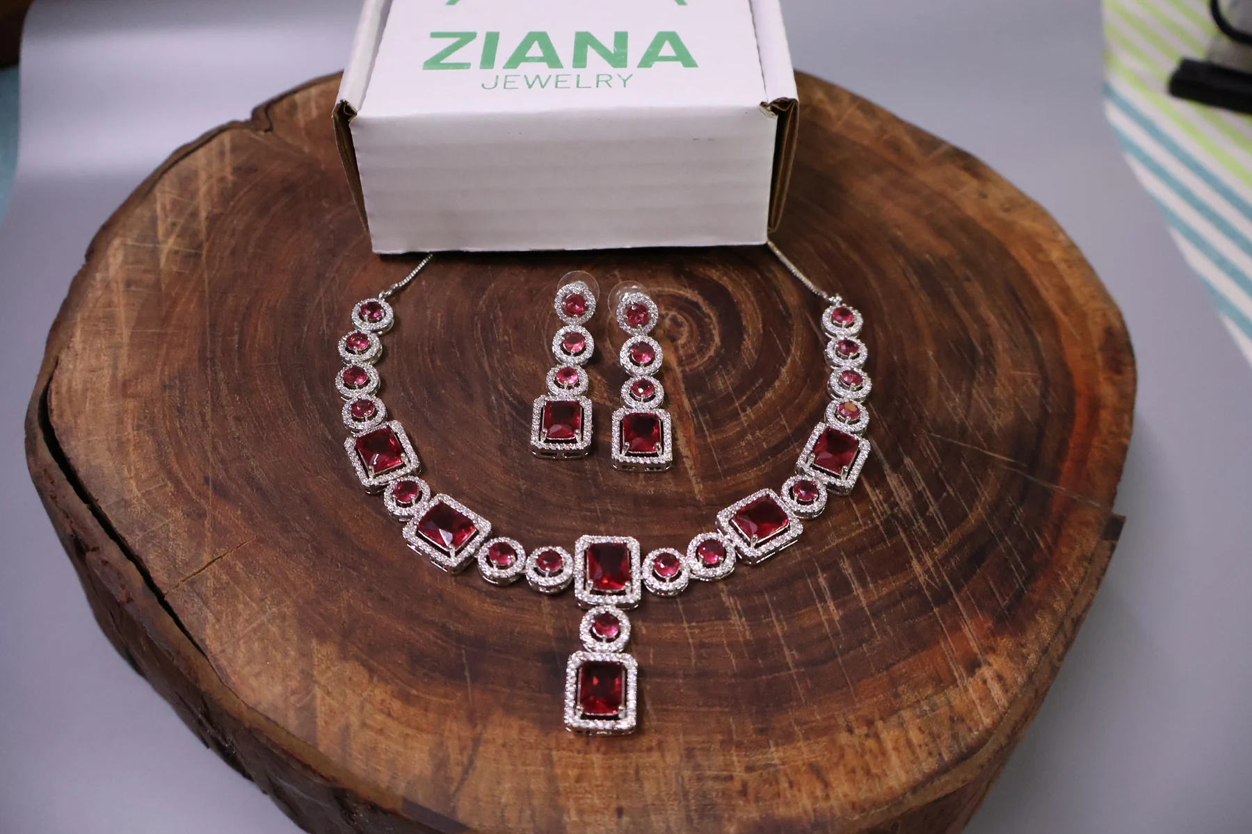 Ruby Square Crystal Necklace Set