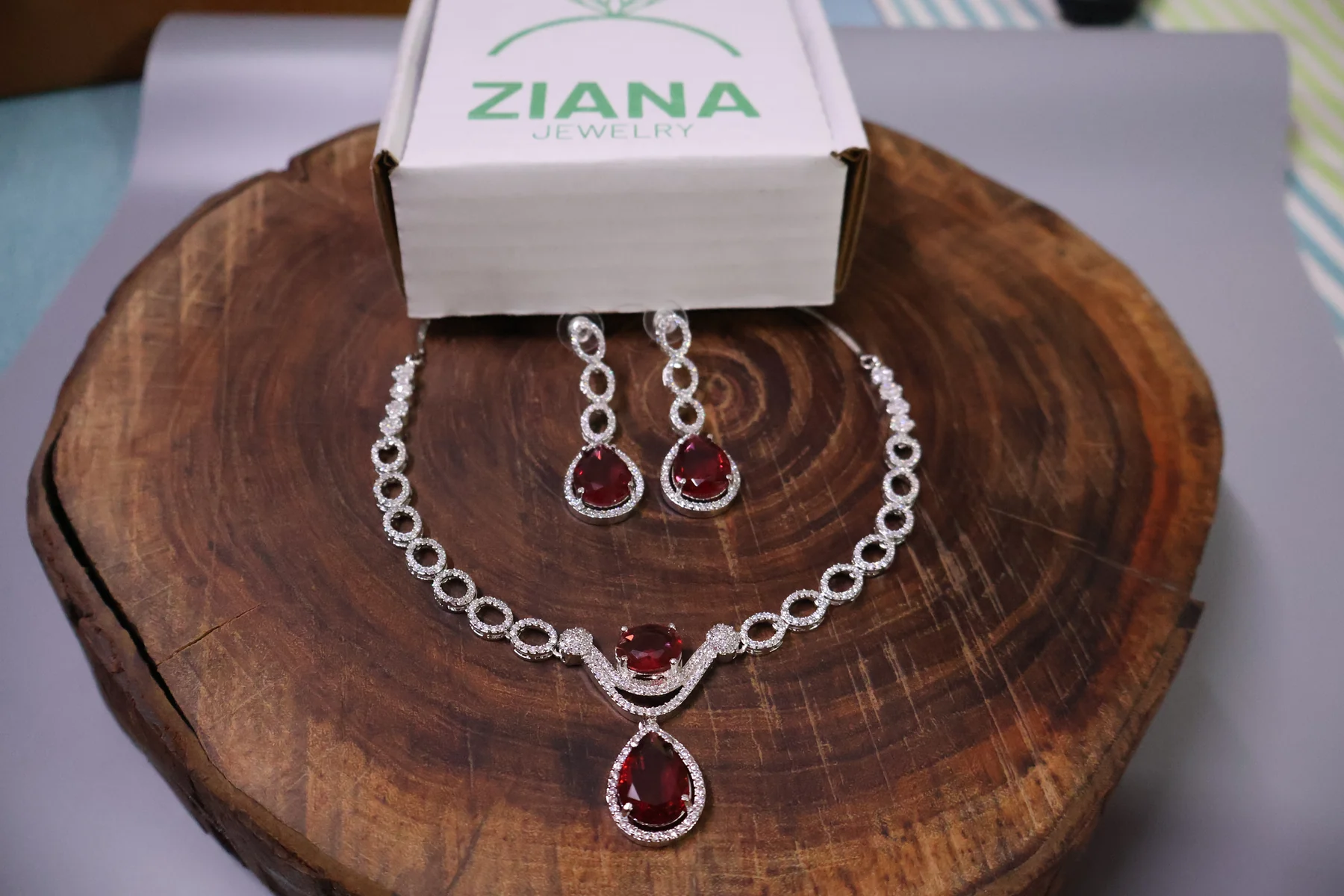 Ruby Teardrop Crystal Necklace Set