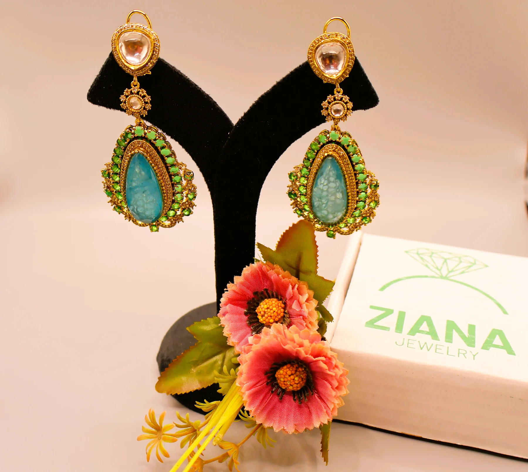 Turquoise Kundan Teardrop Earrings – alternate product view 2