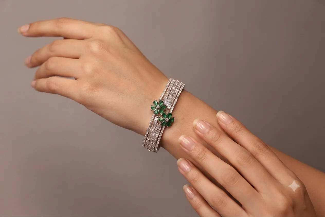 Emerald Bloom Baguette Crystal Cuff Bracelet – styled product view