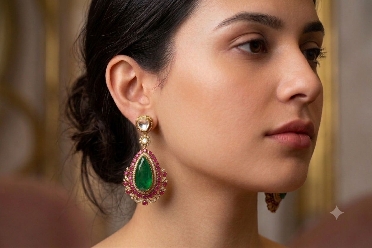 Emerald Kundan Drop Earrings