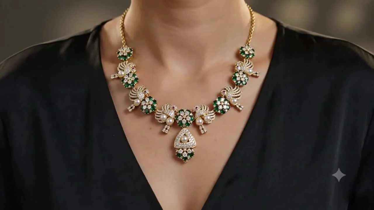 Emerald peacock Kundan necklace styled on a model