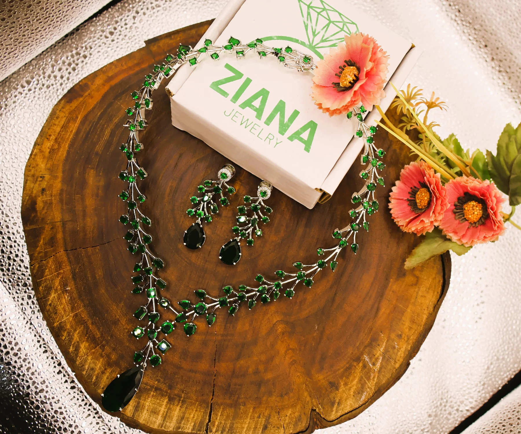 Emerald Vine Drop Crystal Necklace Set