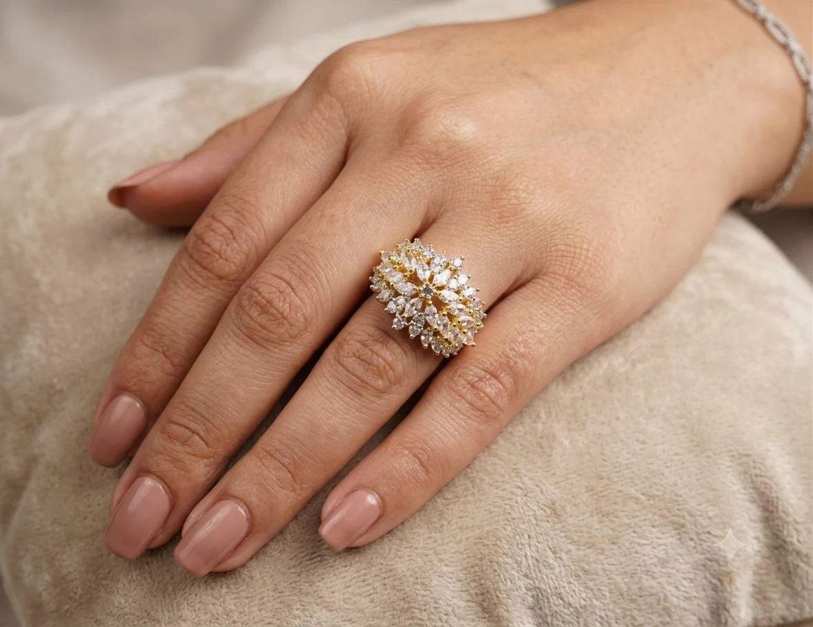 Golden Sparkle Floral Cluster Ring