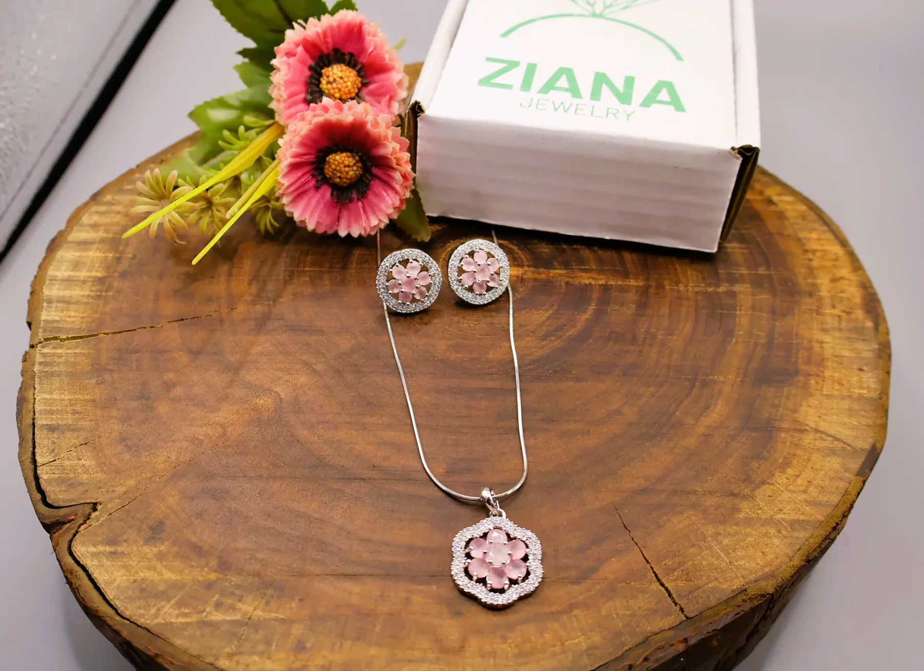Pastel Floral Halo Pendant & Stud Earrings Set – styled product view