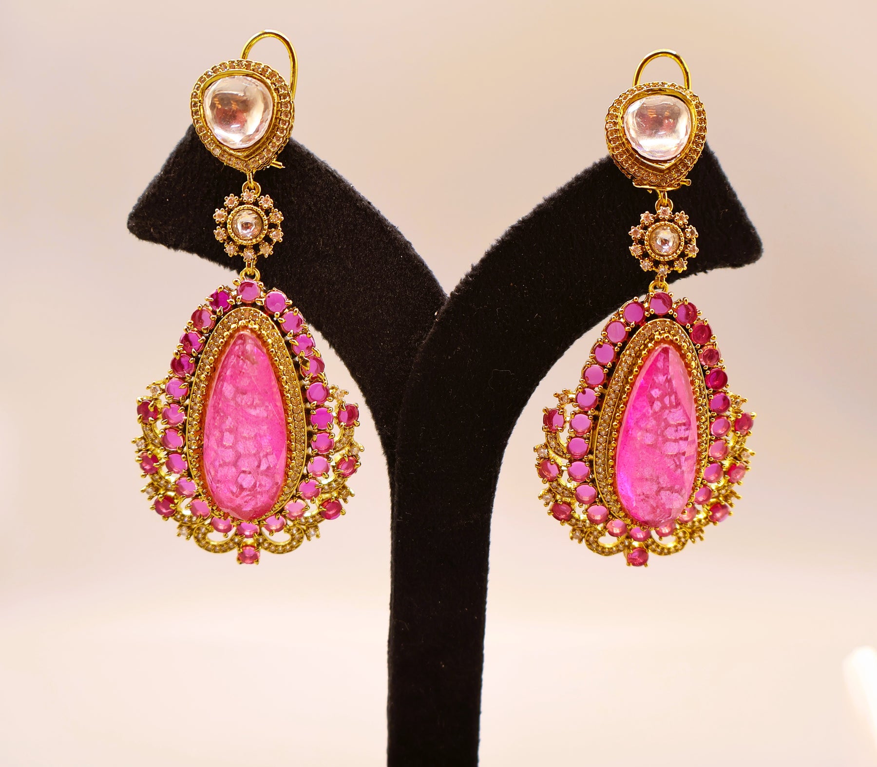 Rose Pink Kundan Drop Earrings