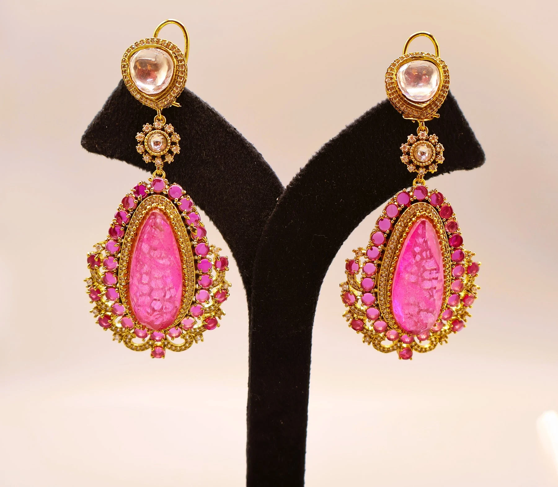 Rose Pink Kundan Drop Earrings