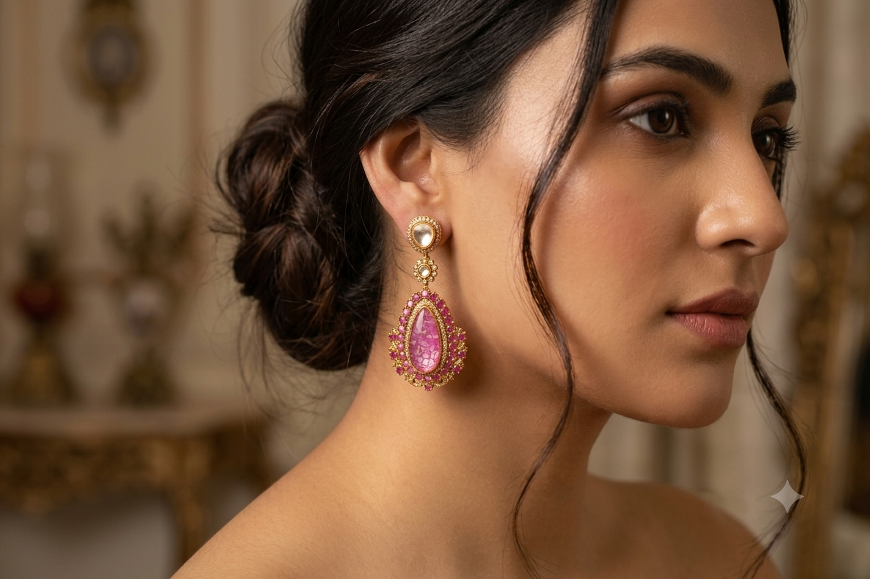 Rose Pink Kundan Drop Earrings