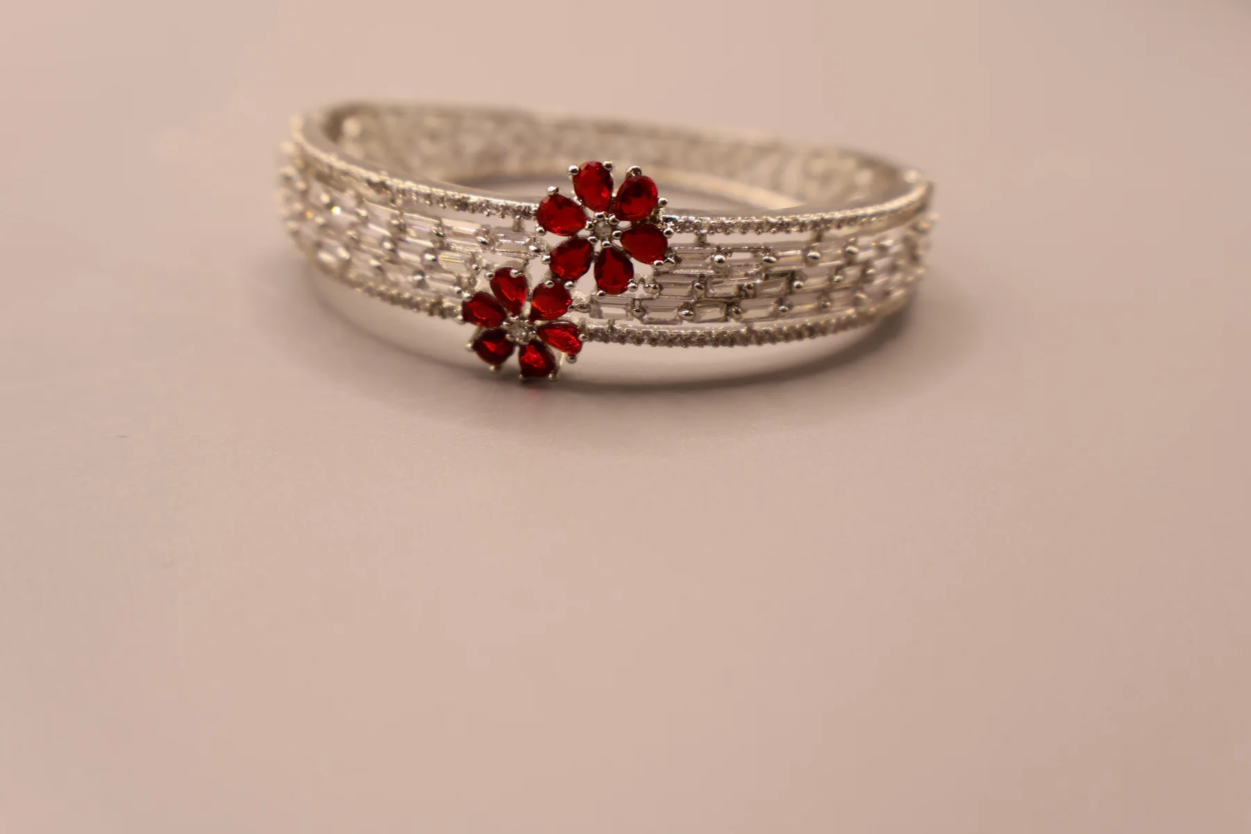 Ruby Blossom Floral Crystal Cuff Bracelet